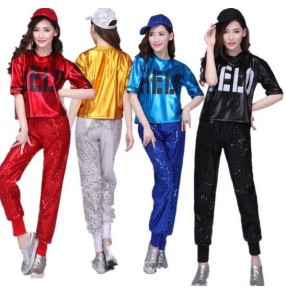 Fuchsia hot pink red black silver blue gold paillette modern dance women's girls fashion performance hip hop jazz singer dance costumes outfits